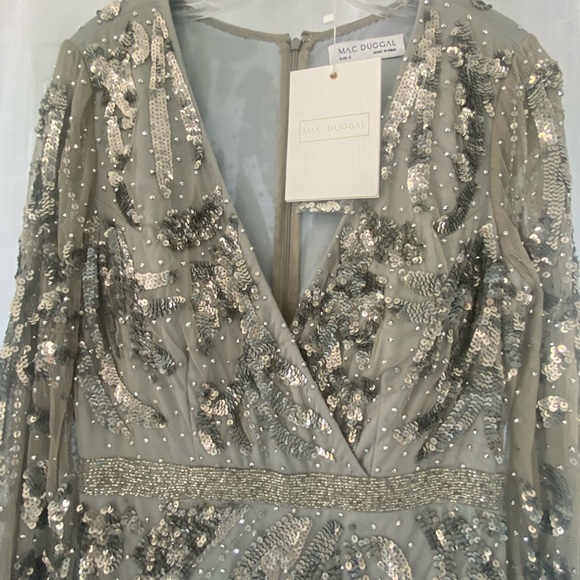 Sequined Faux Wrap Split Long Sleeve Gown by Mac Duggal - Picture 5 of 6